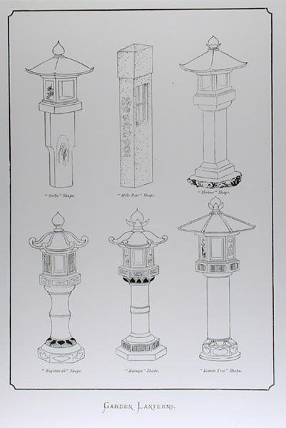 Garden Lanterns, Josiah Conder „Landscape Gardening in Japan” című művéből, 1893-ban (metszet) (f/w fotó) alkotó: English School