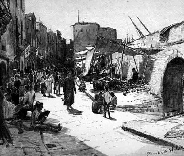 Garibaldi Street, Taranto, Olaszország, a „The Picturesque Mediterranean” 3. kötetéből, metszett: Charles William Wyllie (1853-1923), kiadó: Cassell and Co. Ltd. alkotó: English School
