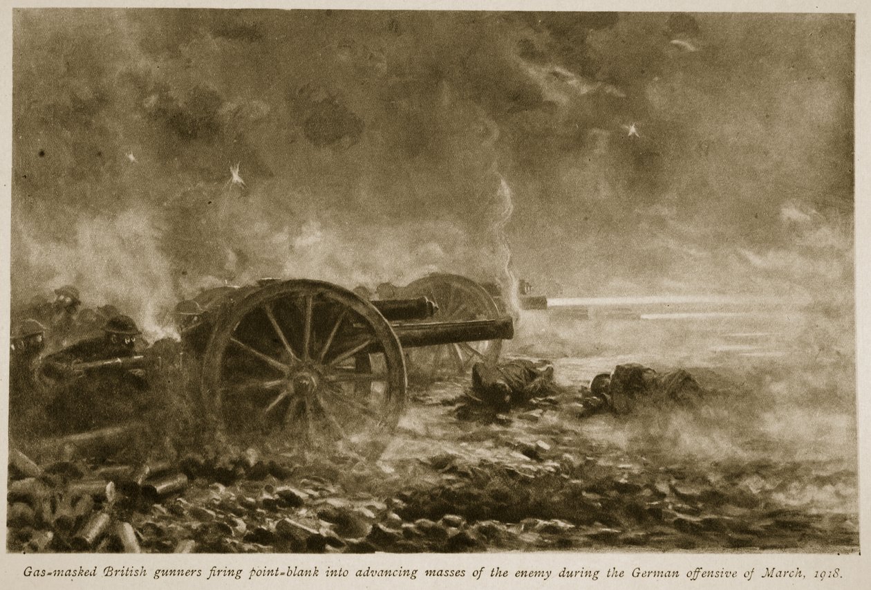 Gázálarcos brit tüzérek lőttek az ellenség előrenyomuló tömegeire az 1918. márciusi német offenzíva során, 1918-1919. alkotó: English School