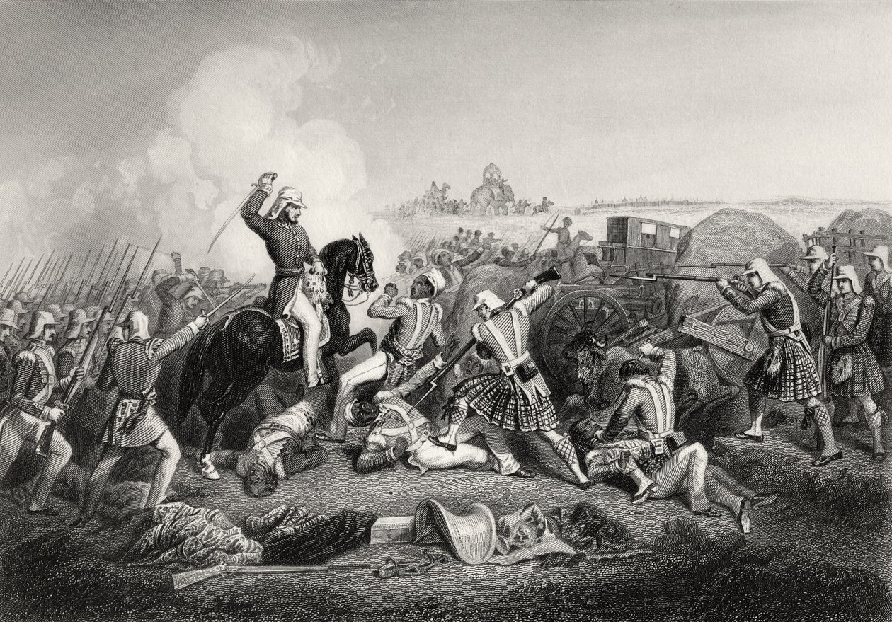 Havelock tábornok támadása Nana Sahib ellen Futtypore-ban 1857-ben, az 1858-ban megjelent „The History of the Indian Mutiny” c. alkotó: English School