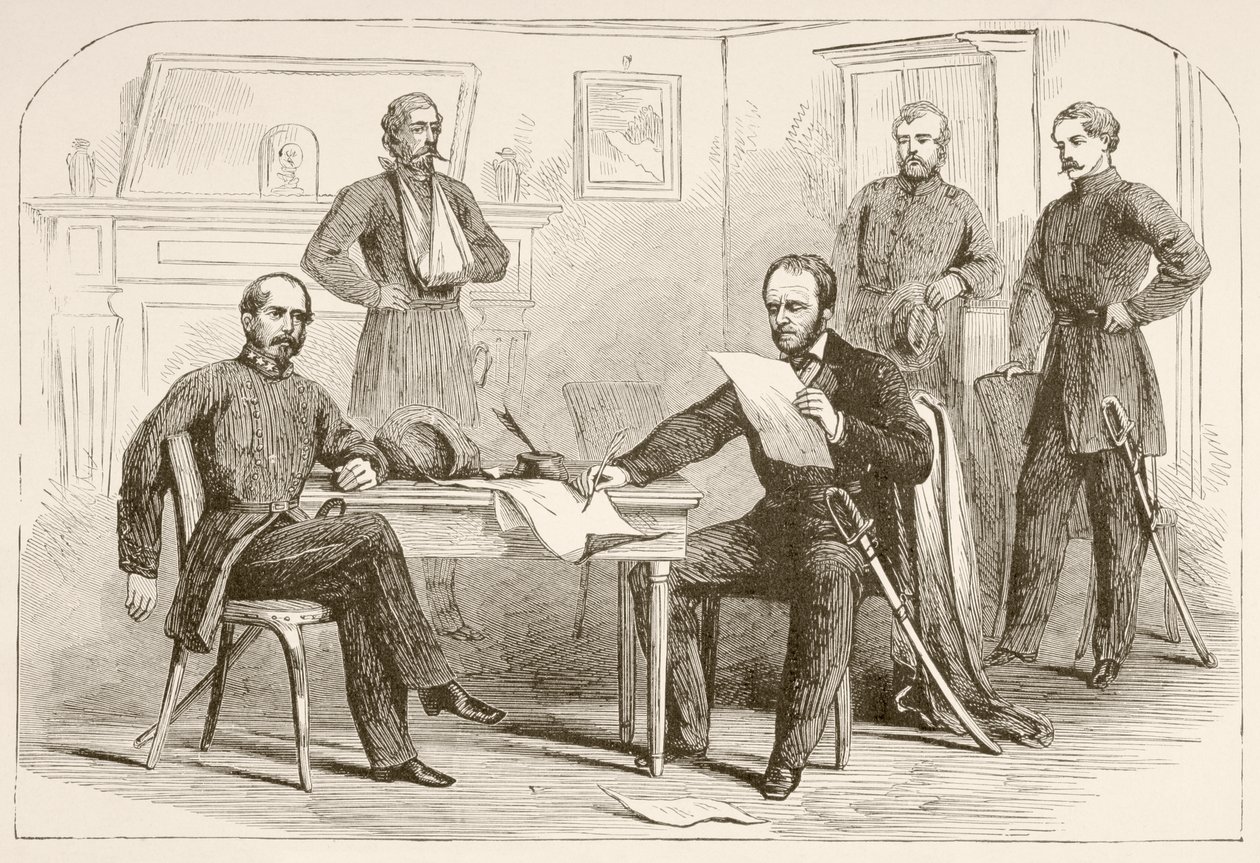 Joseph Eggleston Johnston tábornok átadja a hadsereget Tennessee-nek William Tecumseh Sherman tábornoknak (litho) alkotó: English School
