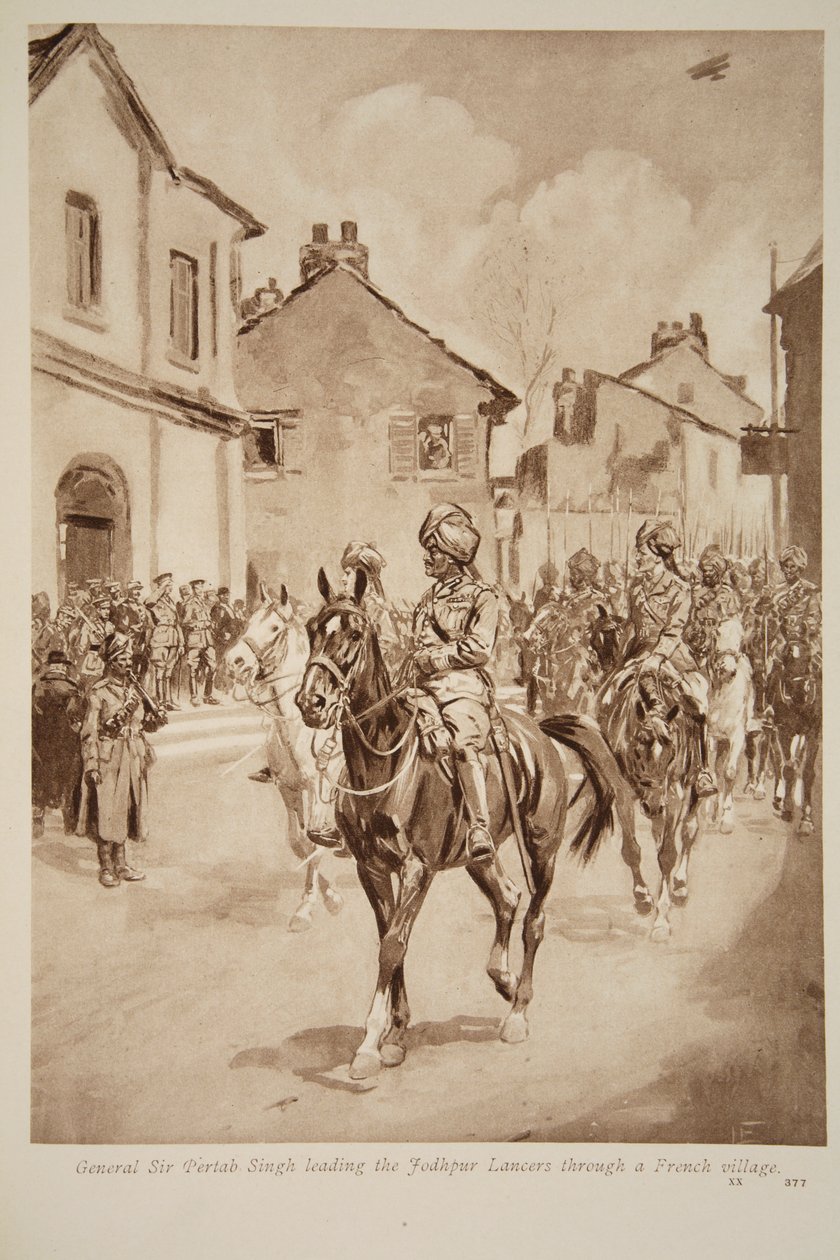 Sir Pertab Singh tábornok vezette a Jodhpur Lancerst egy francia falun, 1914-1919 alkotó: English School