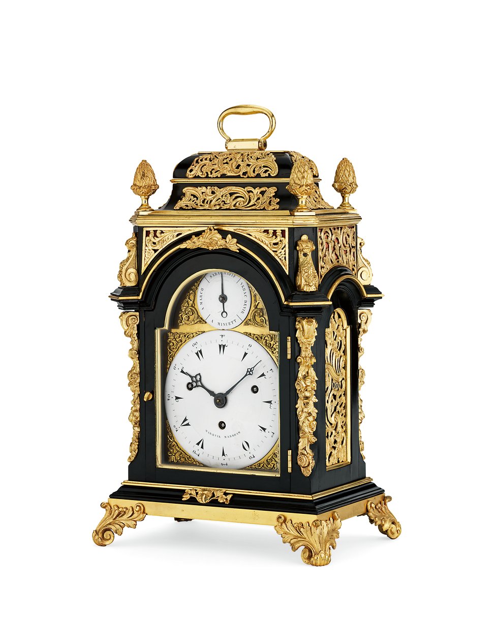 George III ormolura szerelt ebonizált, feltűnő és zenés, nyolcnapos kis méretű asztali óra, 1765 körül (ormolu és ebonizált fa tok) alkotó: English School