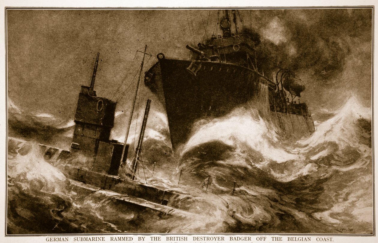 Német tengeralattjáró, amelyet a brit Destroyer Badger döngölt a belga partoknál, 1914-1919 alkotó: English School