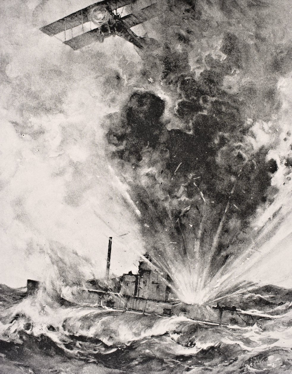 1915. augusztus 26-án bombázták és elsüllyesztették a német tengeralattjárót, a „The War Illustrated Album deLuxe” című kiadványból, amely 1916-ban jelent meg Londonban (litho) alkotó: English School