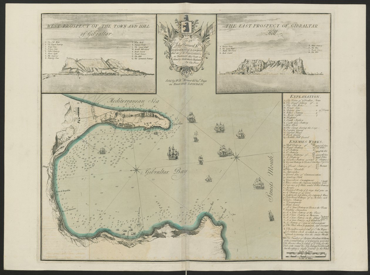 Gibraltár-öböl (G. Hill nyugati és keleti prospektusa.) Írta: C. Price, 1730 körül (színes litho) alkotó: English School