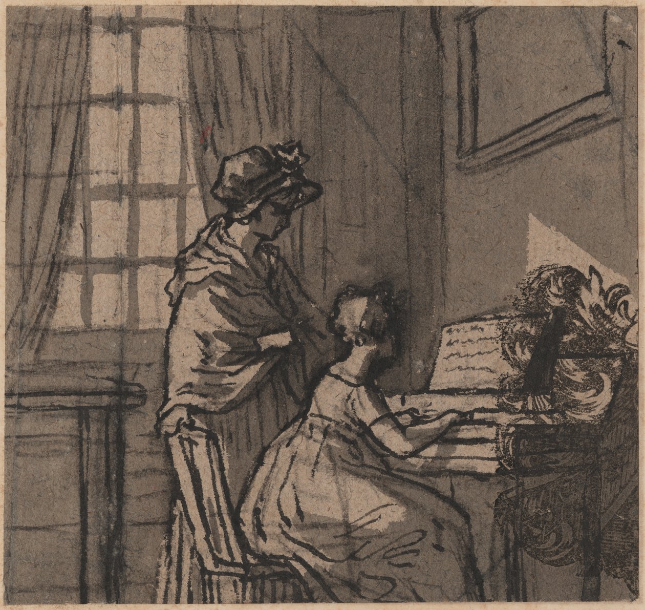 Klavikordos lány, 1800 körül (toll és mosás papíron) alkotó: English School