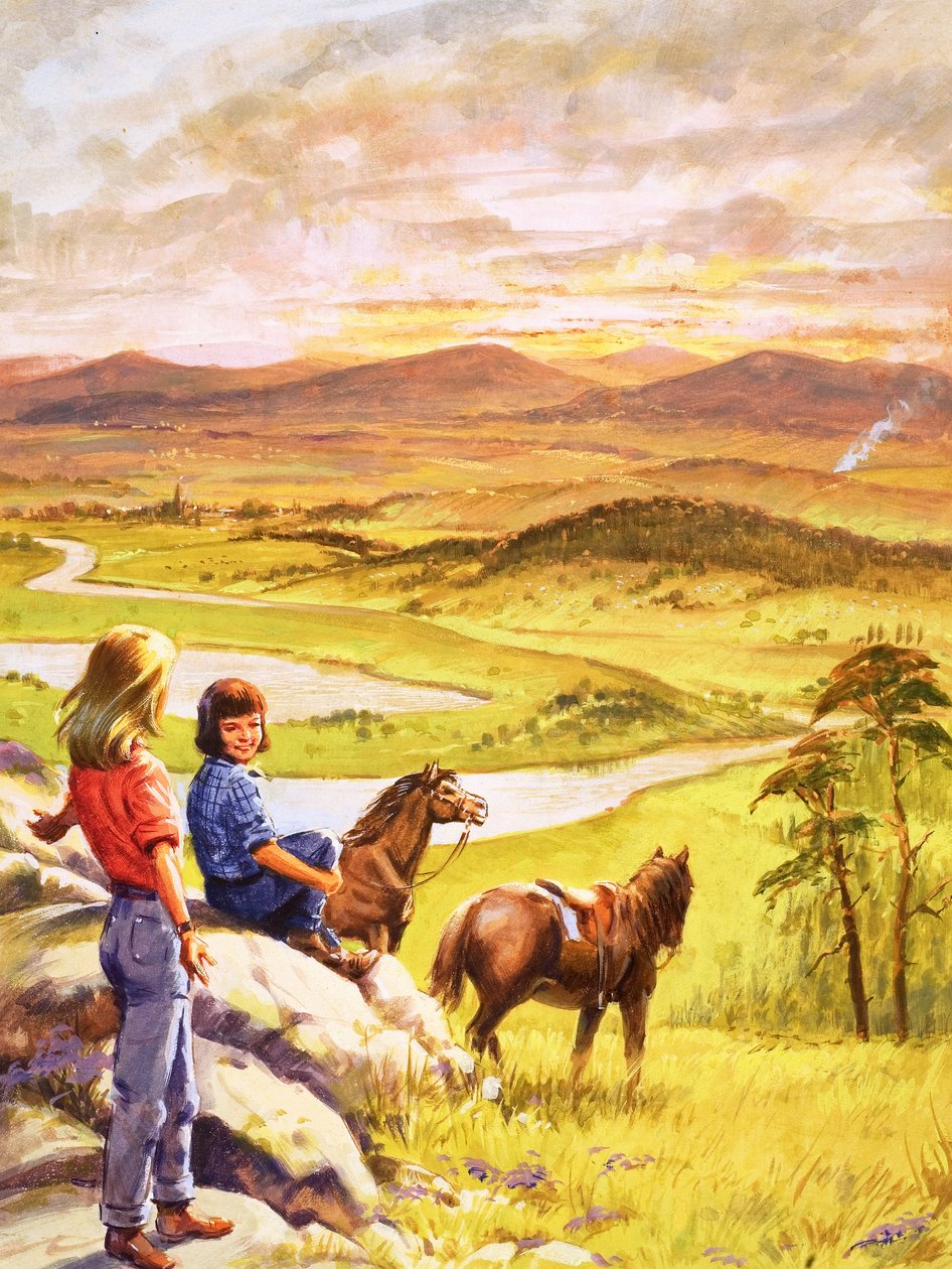 Lányok és pónik a vidékre tekintve (gouache, papír) alkotó: English School