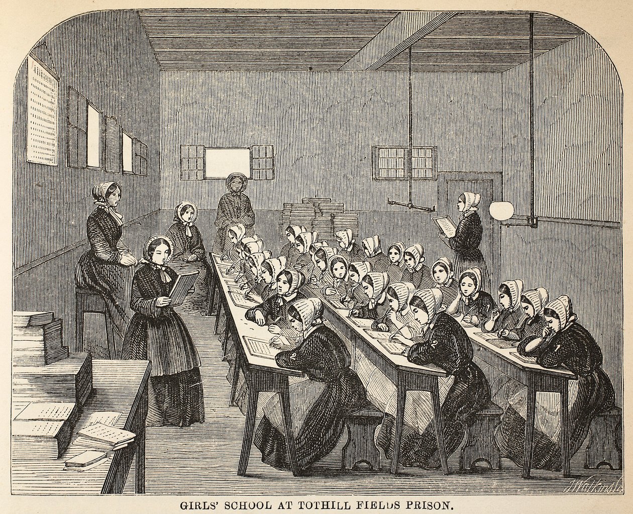 Lányiskola a Tothill Fields Prisonban, illusztráció a londoni bűnügyi börtönökből és jelenetek a börtönéletből Henry Mayhew és John Binny, pub. 1862 alkotó: English School