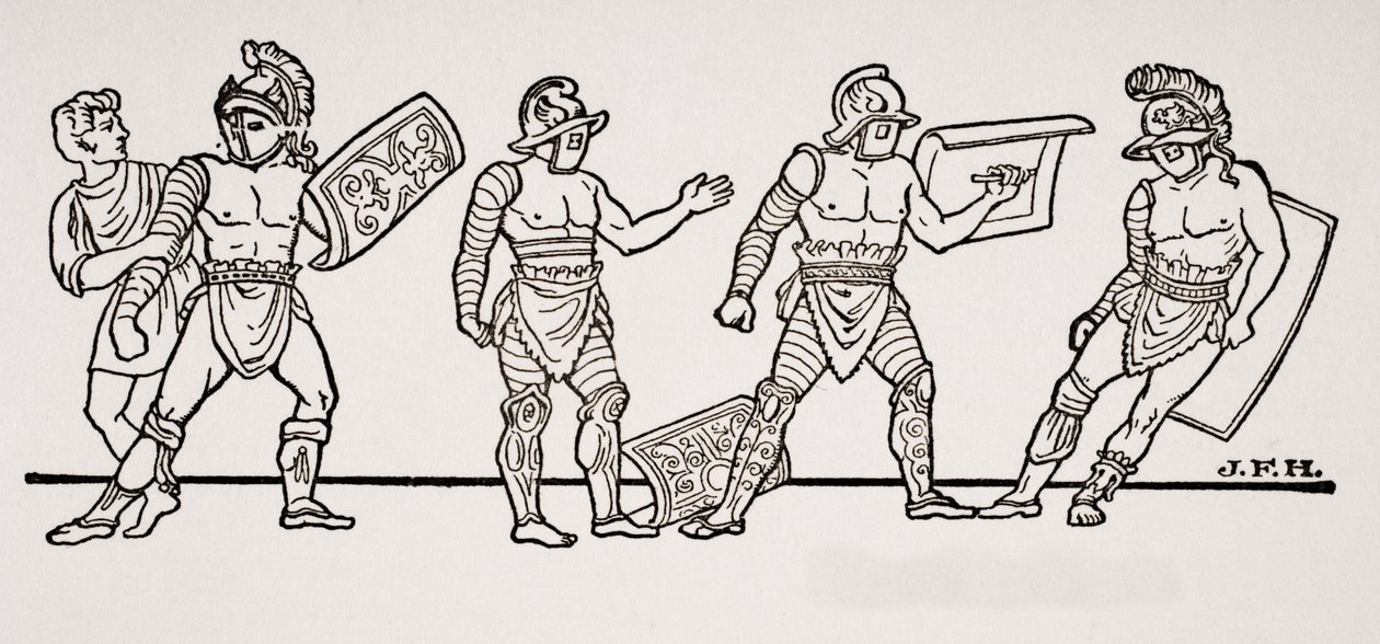 Gladiátorok, egy pompeji falfestményről, illusztráció H.G. Wells Történelem körvonalaiból, I. kötet, 1820-ban alkotó: English School