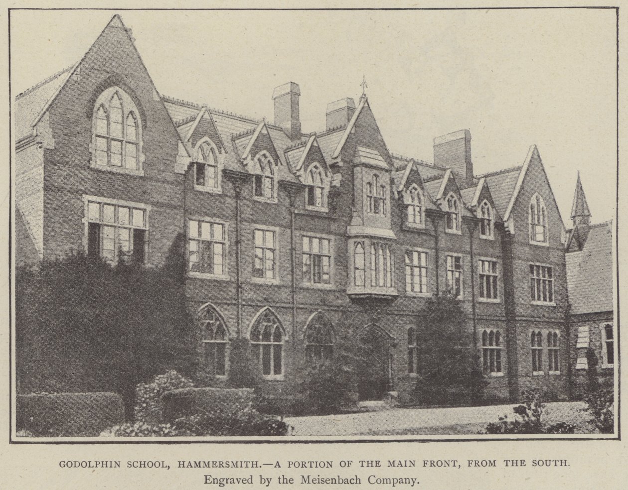 Godolphin School, Hammersmith, a főhomlokzat egy része, délről (metszet) alkotó: English School