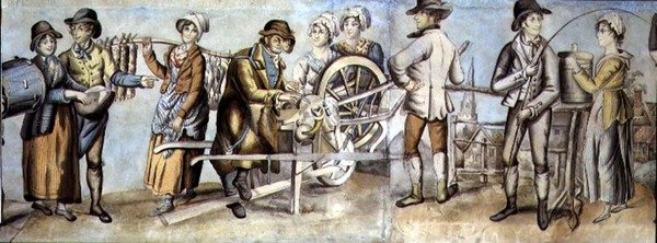 A vásárra menés, egy késcsiszoló és kereskedők és nők részlete, 1815 körül (wc gouache papírral) (lásd még: 107509 és 107510) alkotó: English School
