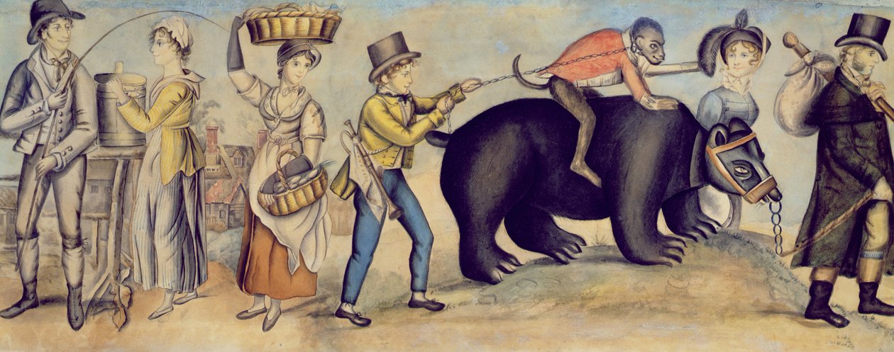 Megy a vásárra, részlet egy fellépő medvéről és majomról, 1815 körül alkotó: English School
