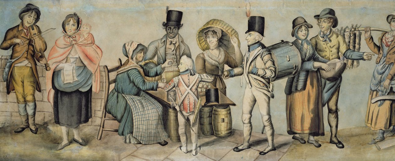 Going to the Fair, részlet a zenés családi fellépésről és az almaárusról, 1815 körül (wc és gouache papíron) (lásd még: 107508 és 107509) alkotó: English School