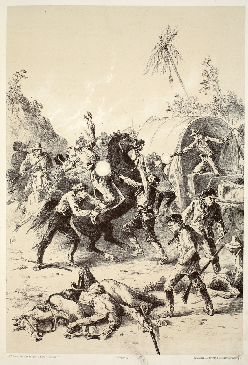 A Bush Rangers által megtámadt aranykíséret, David Blair, McGrady, Thomson és Niven The History of Australasia című művéből, 1879 alkotó: English School
