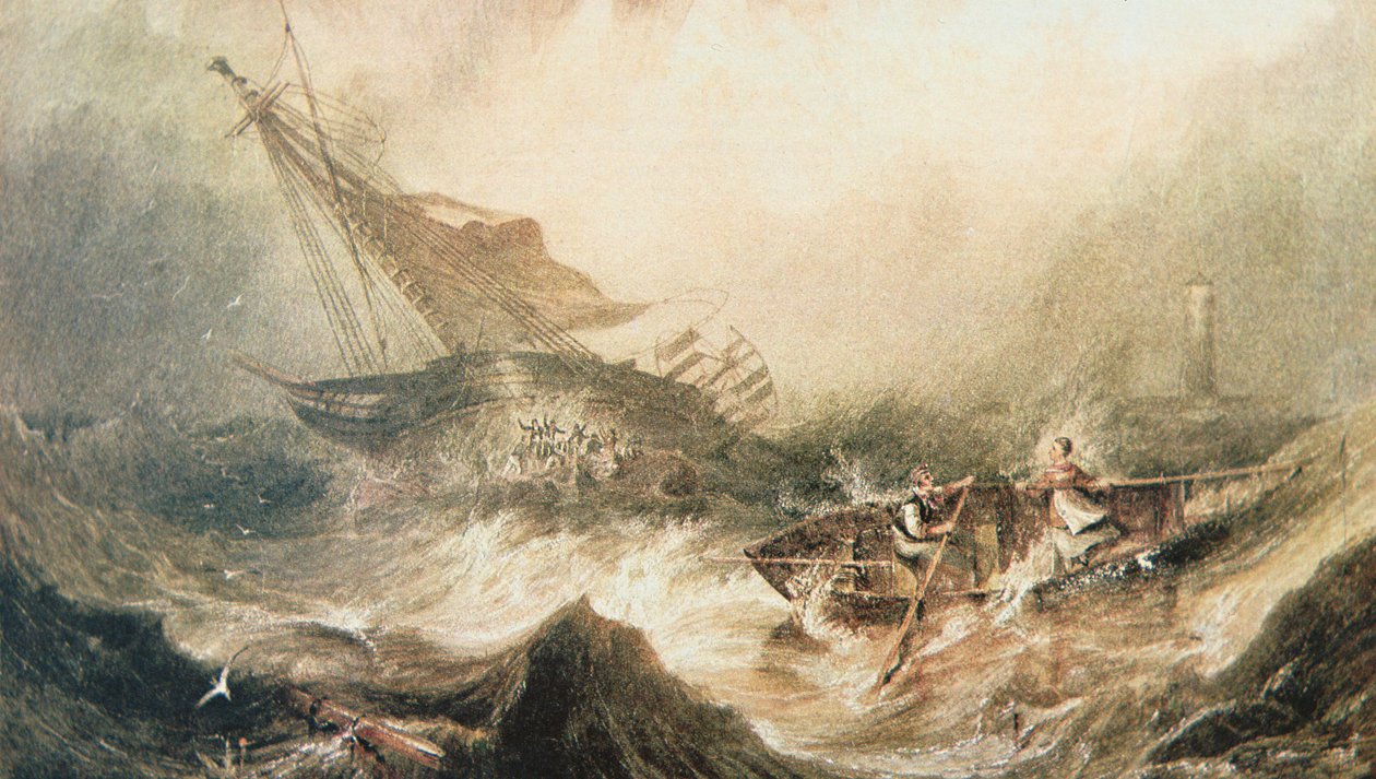 Grace Darling és apja a Northumberland partjainál tönkrement Forfarshire megmentésére eveznek, 1838. szeptember 7-én (akvarell papíron) alkotó: English School