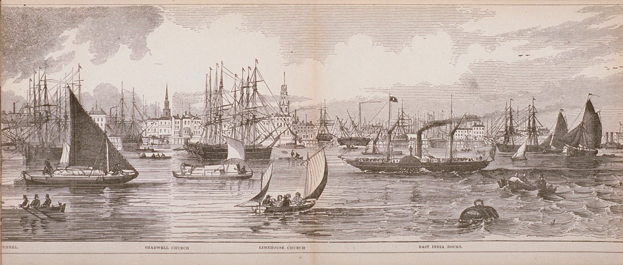 Londoni Nagy Panoráma, a Temze felől, Shadwell felé nézve, East India Docks és Limehouse, 1849 (fametszet) alkotó: English School