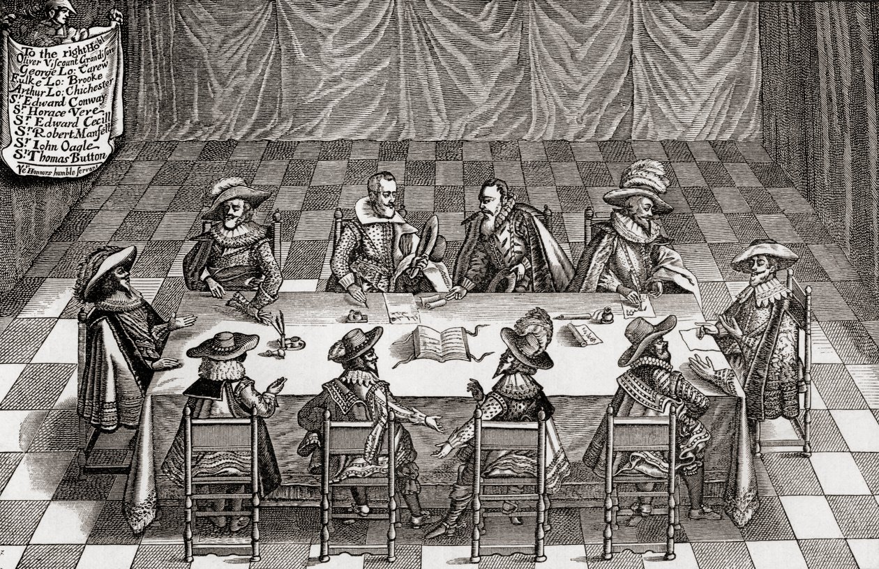 Nagy-Britannia haditanácsa I. Jakab uralkodása alatt, J. R. Green „Az angol nép rövid története” című művéből, 1893-ban. alkotó: English School