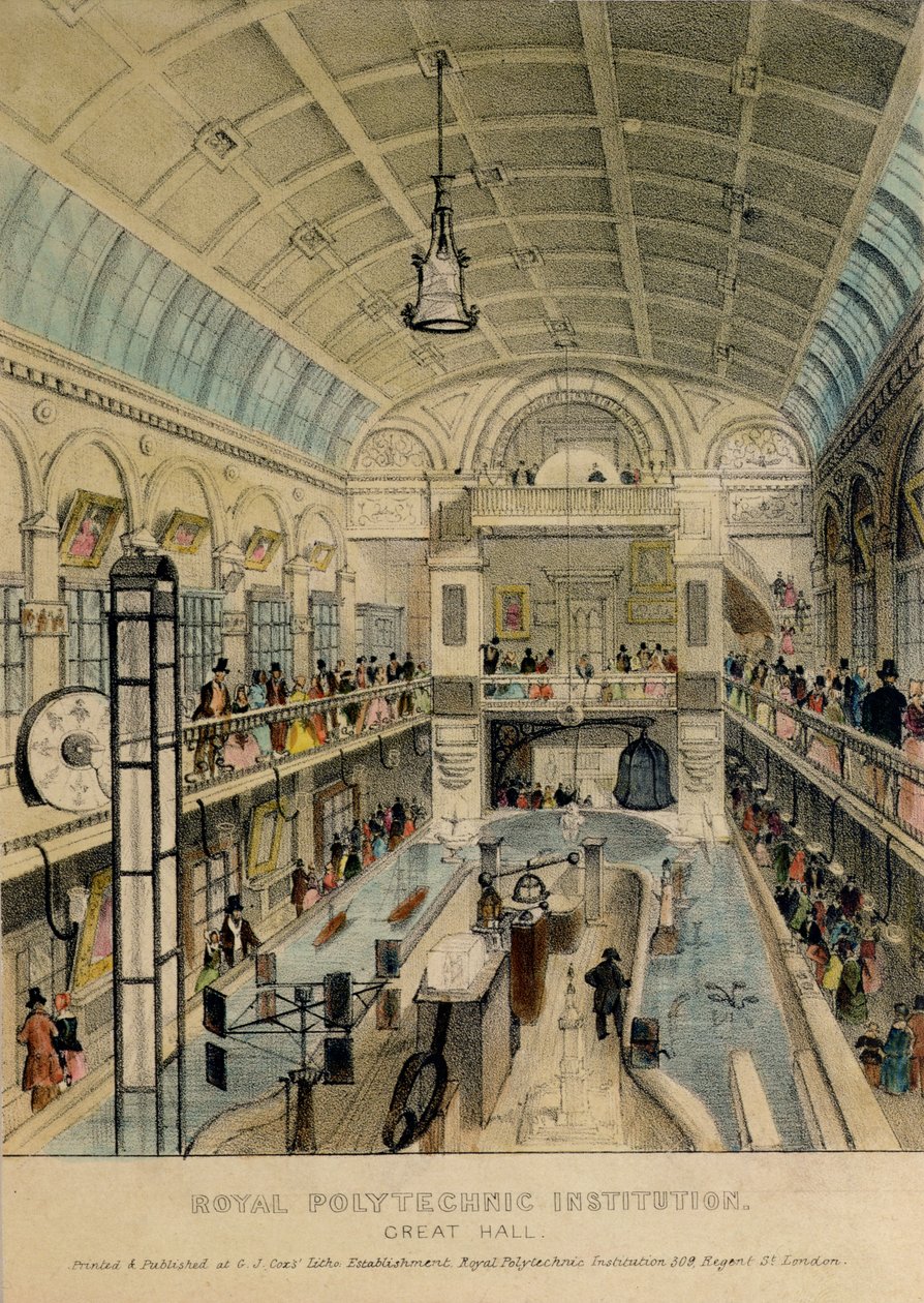 A Royal Polytechnic Institution nagyterme, Regent Street, nyomta: G.J. Cox, 1840 körül alkotó: English School