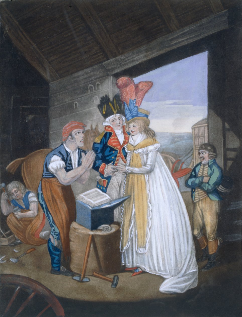Gretna Green, Or the Red-Hot Marriage, kocsma. Írta: Aurrie és Whittle, 1794 88: Ó! Blacksmith úr, enyhítse fájdalmainkat – és kössön minket a Wedlocks Chains 99:female; népviselet; tra alkotó: English School