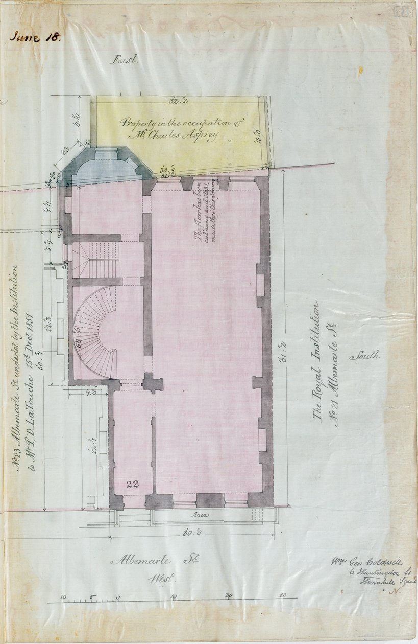 A Royal Institution bérleti szerződéseinek alaprajza, 1863 (toll, tinta és WC papíron) alkotó: English School