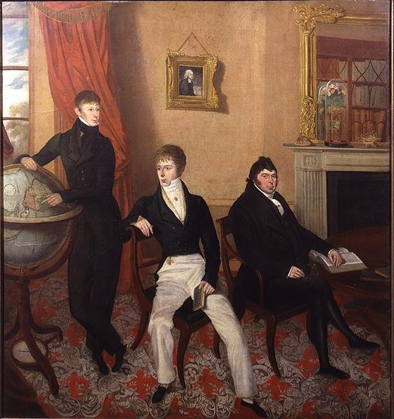 Csoportportré három férfiról egy bonyolult nappaliban, 1825 körül (olaj, vászon) alkotó: English School