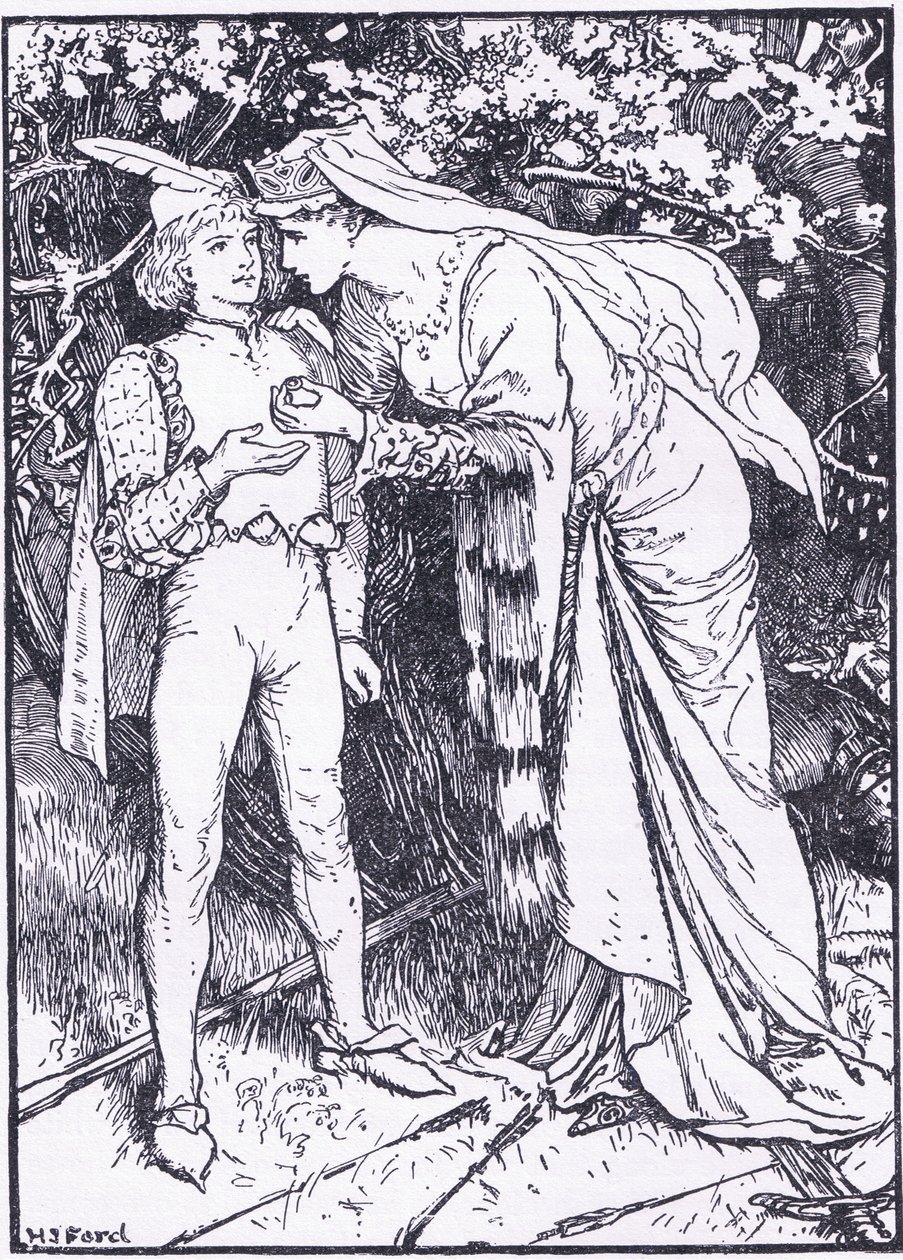 Guenevere elküldi oldalát Lancelotnak segítségért, a Longmans Green and Co által kiadott „The Book of Romance” illusztrációval. alkotó: English School