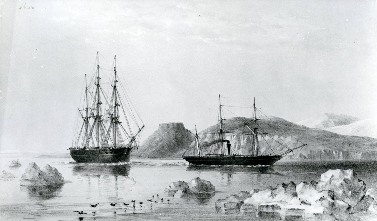 HMS-segítségnyújtás a John Harrow Mount mellett elhaladó Pioneer vonzásához, North Wellington Channel 1853-ban (litográfia) alkotó: English School