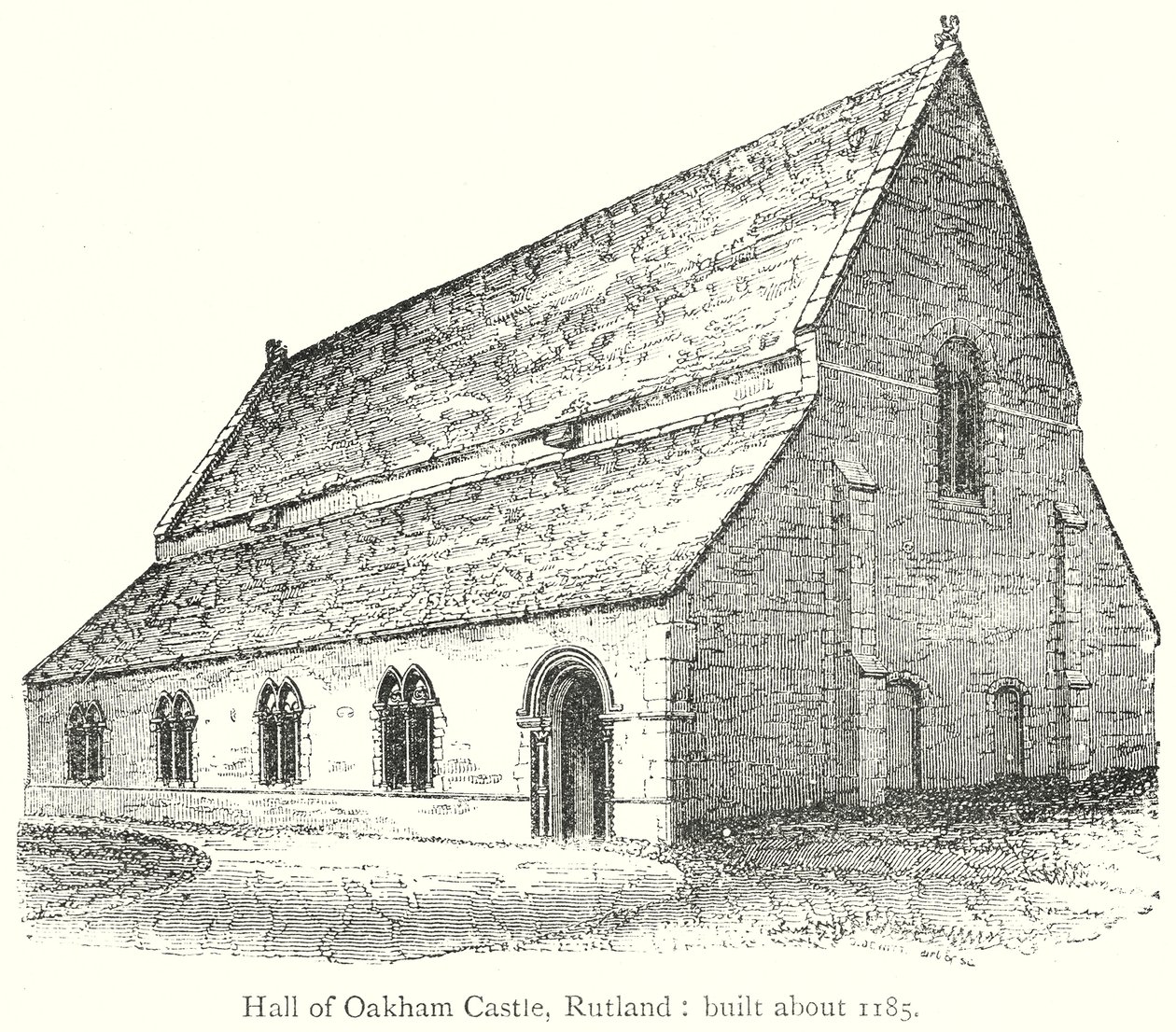 Oakham kastélyának csarnoka, Rutland: (metszet): 1185 körül épült (metszet). alkotó: English School