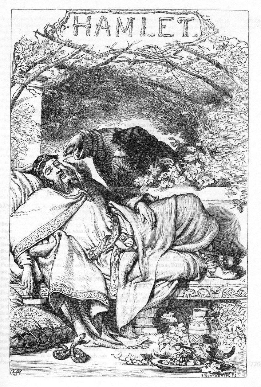 Hamlet – Illusztráció a „” Completes de William Shakespeare”-ben” 1866 – A kiadás illusztrációi és általános formája Cassell illusztrált Shakespeare-jéből származik, amely Londonban jelent meg. alkotó: English School
