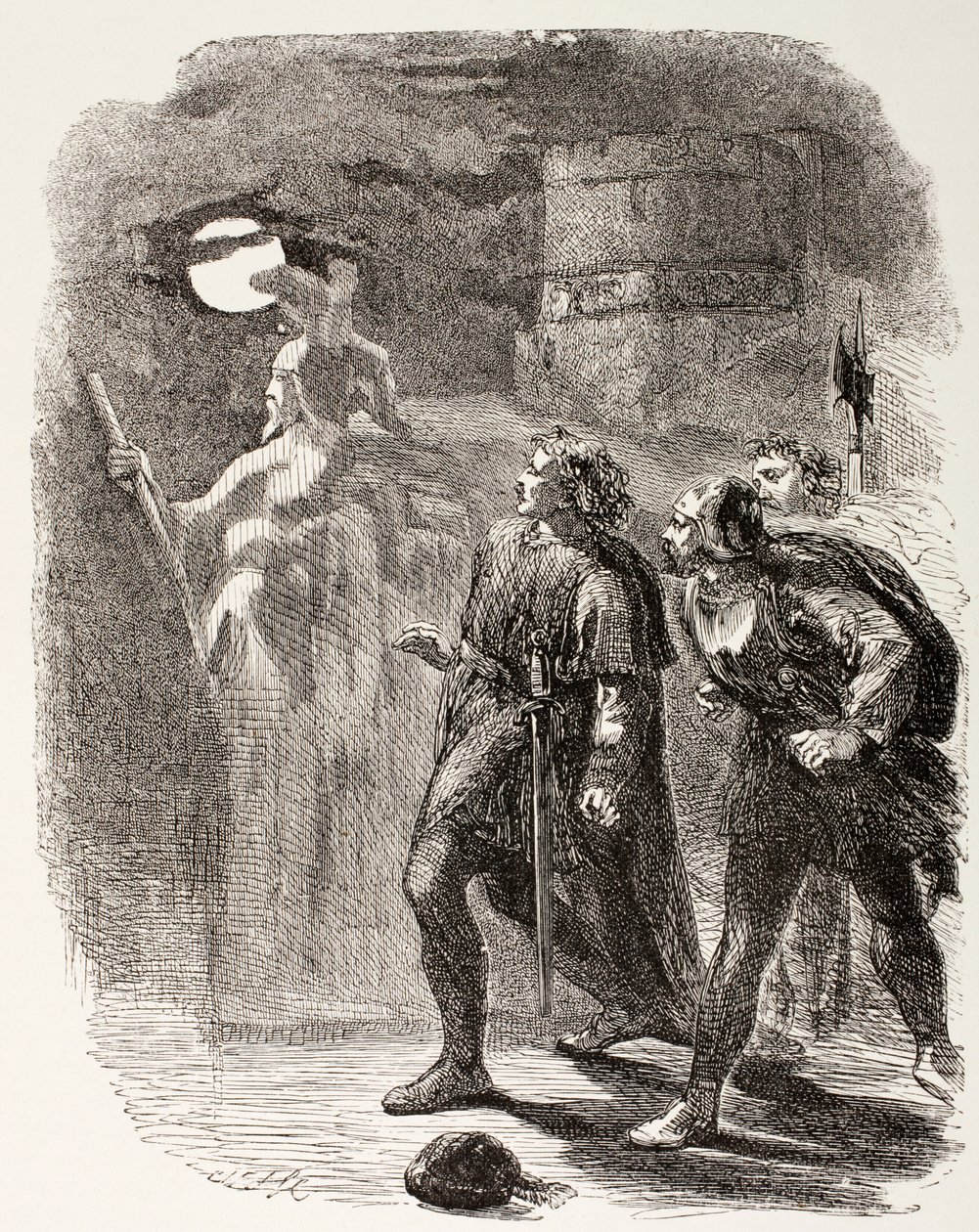Hamlet, Horatio és Marcellus látja a szellemet, a The Illustrated Library Shakespeare-ből, 1890 Londonban alkotó: English School