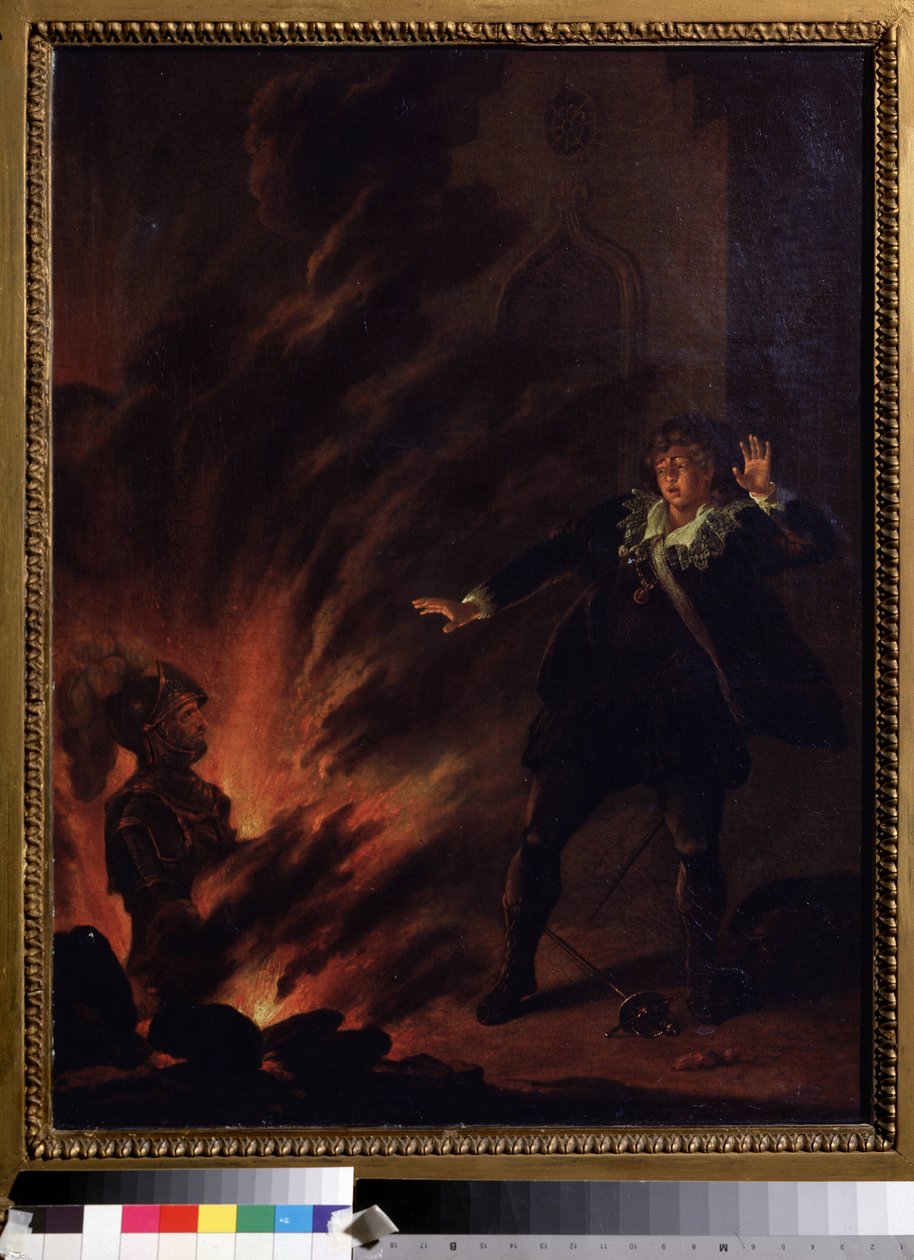 ""Hamlet az apja szellemével szemben"" (Hamlet és az apja szelleme) Illusztráció William Shakespeare (1564-1621) Hamlet című darabjához Festmény a 19. század eleji angol iskolából Dim. 65x51 cm Puskin Museum , Moszkva alkotó: English School