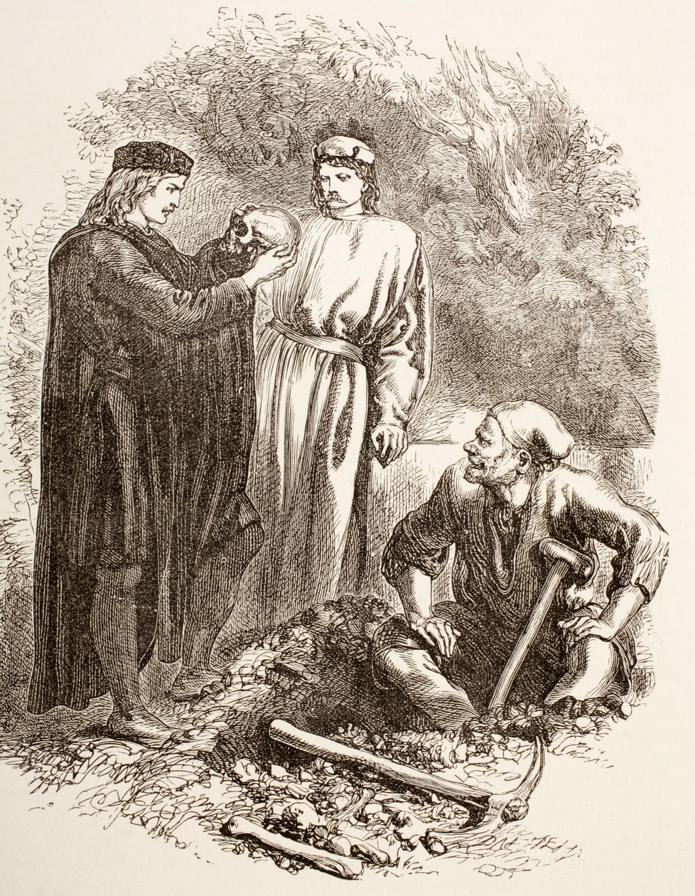 Hamlet Yorick koponyáját tartja, az V. felvonás illusztrációja, a Hamlet I. jelenete a „The Illustrated Library Shakespeare”-ből, 1890 Londonban. alkotó: English School