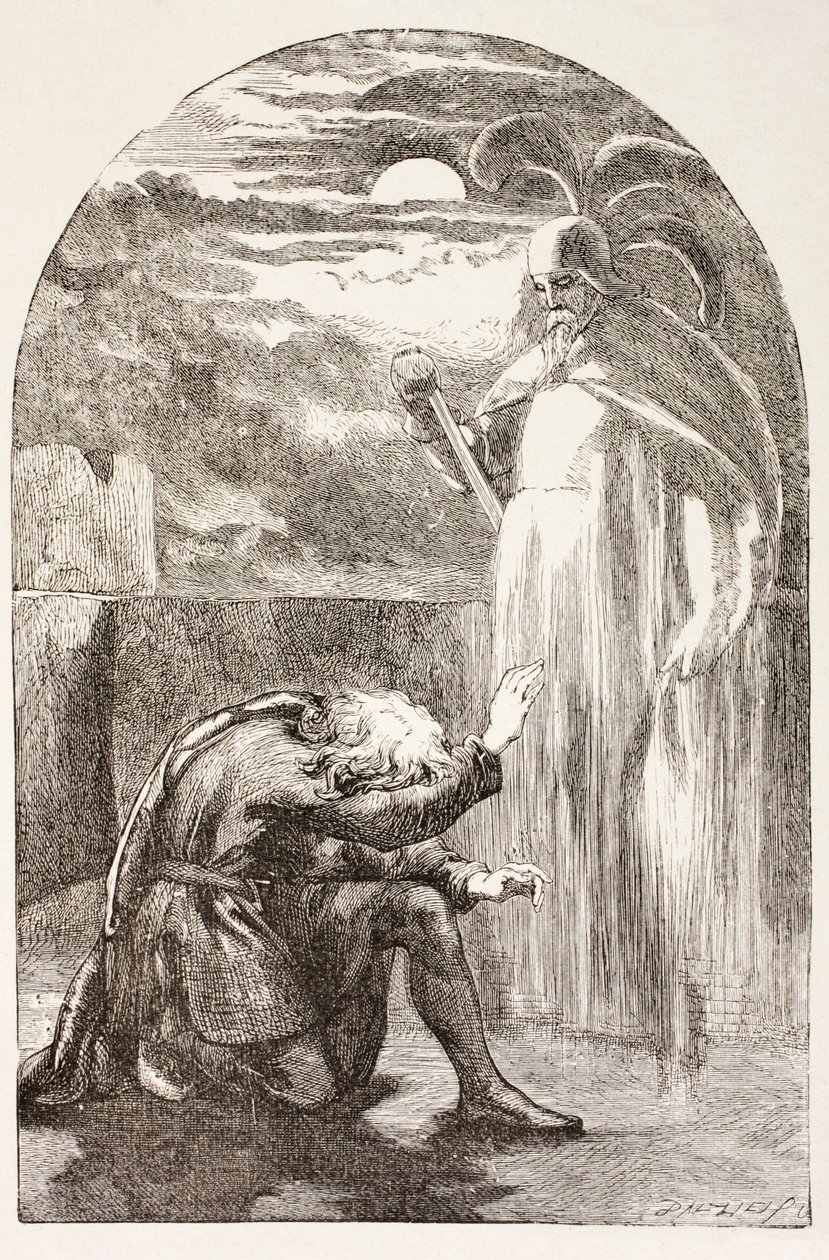 Hamlet látja a szellemet, apja szellemét a „The Illustrated Library Shakespeare”-ből, amely 1890-ben jelent meg Londonban alkotó: English School