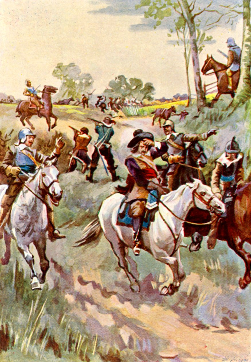 Hampden halálos sebesülése a Chalgrove mezőn (színes litográfia) alkotó: English School