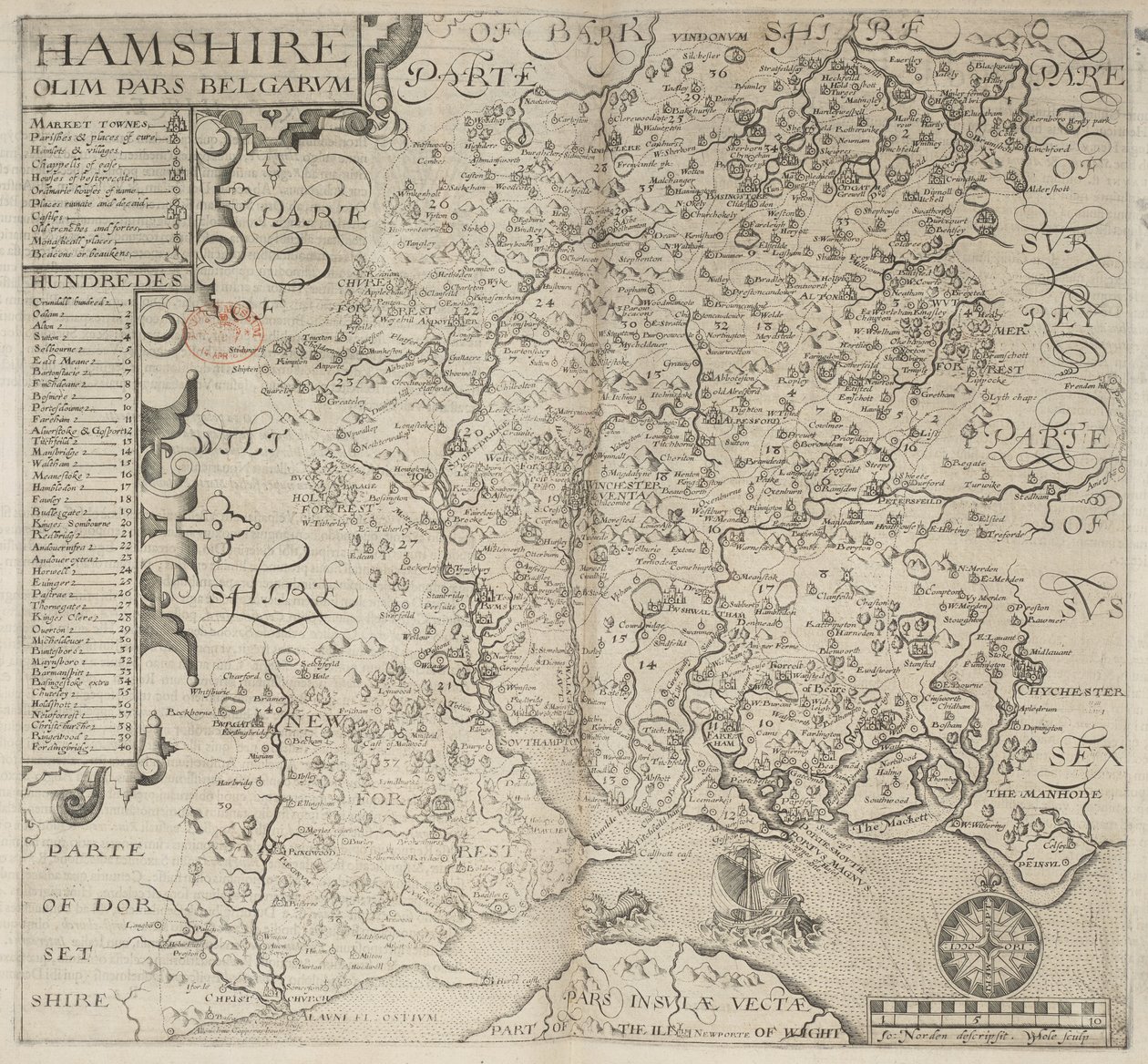 Hampshire, korábban a belgák része. J. Norden leírta W. Hole sculp., Camden "Britannia" című művéből. 6. kiadás. fol. 187 (metszet) alkotó: English School