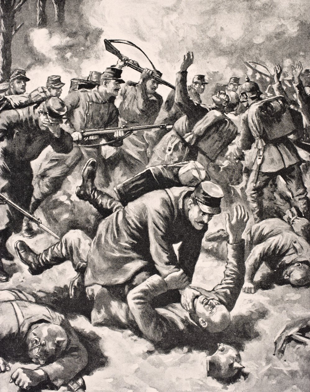 Kézi harc német és nyugati katonák között, a „The War Illustrated deLuxe” című filmből, amely Londonban jelent meg, 1916 alkotó: English School