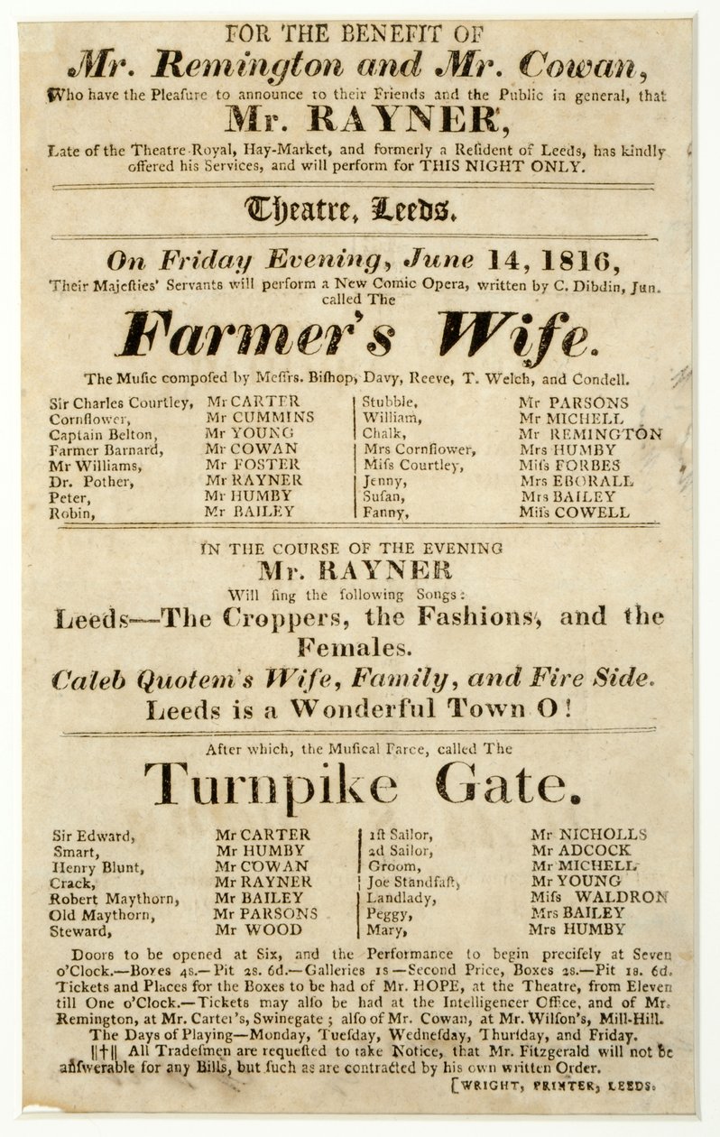 Handbill Mr. Rayner egy éjszakás előadását hirdeti a "The Farmer