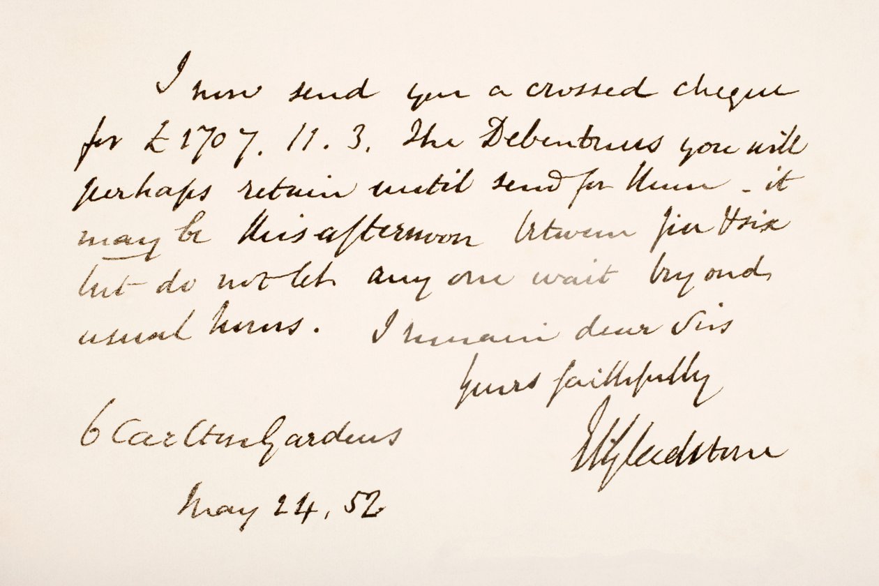 William Eward Gladstone kézírása és aláírása, 1852 alkotó: English School