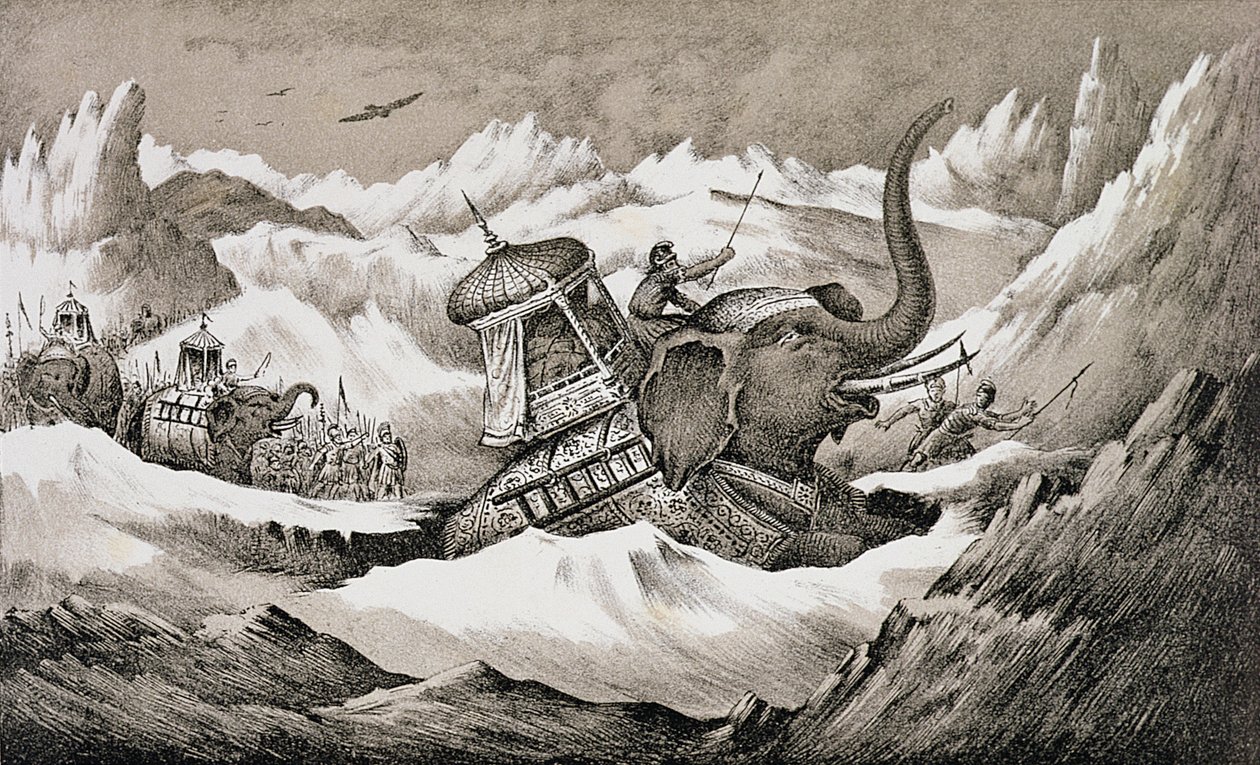 Hannibál (i. e. 247-kb. 183) és harci elefántjai átkelnek az Alpokon alkotó: English School