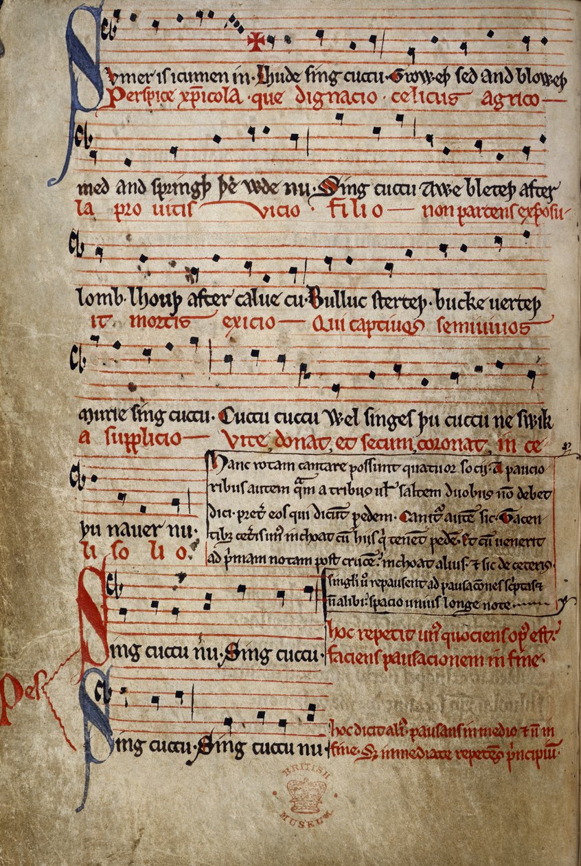 Harl 978 fol.11v Sumer icumen in, a Summer Canonból (Reading Rota) (vellum) alkotó: English School