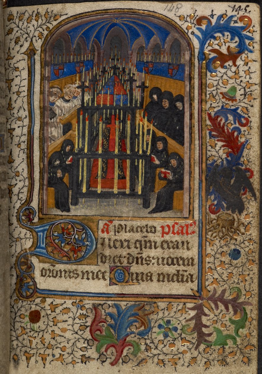 Harley 1251, fol.148 Temetési szertartás John, Bedford hercegének karjaival letakart koporsóval, Eleanor Worcester óráiból, 1430-40 körül (vellum) alkotó: English School