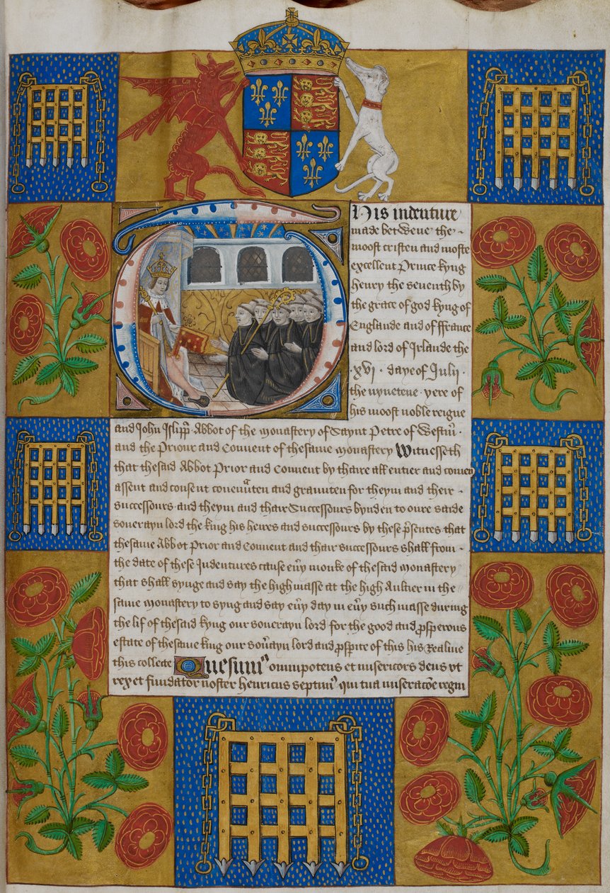 Harley 1498, f.1 VII. Henrik bemutatja a nyilatkozatot John Islipnek, a Westminster Abbey apátjának, Indentures of Westminster Abbey (vellum) alkotó: English School