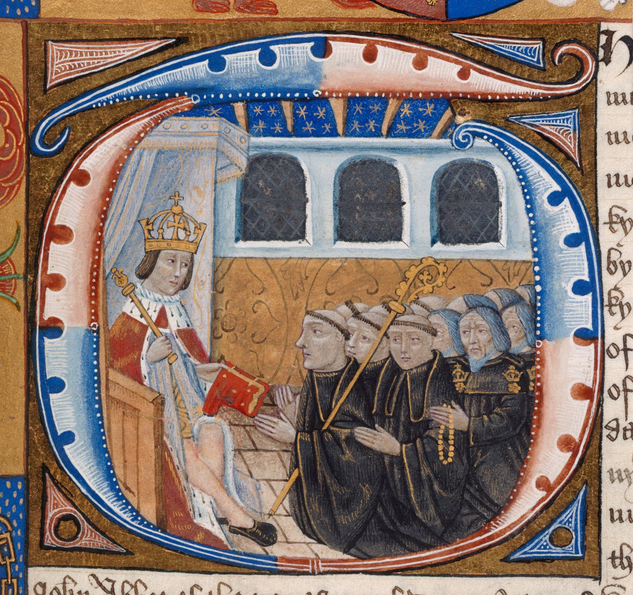 Harley 1498, f.59 Történeti kezdőbetű, amely VII. Henrik királyt ábrázolja, amint átveszi a könyvet, illusztráció a „Indentures of Westminster Abbey”-ből (vellum) alkotó: English School