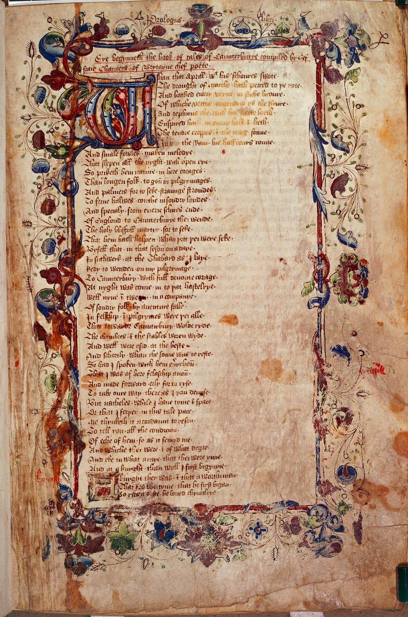 Harley 1758, 1. fol., The Prologue, Geoffrey Chaucer „The Canterbury Tales” című művéből, 1450-60 körül (vellum) alkotó: English School