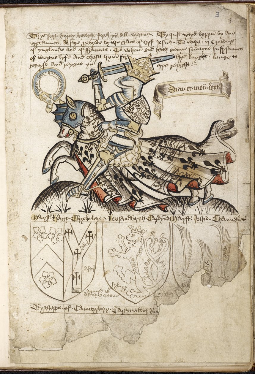 Harley 2169 f. 3 VI. Henrik lóháton, Címerek VI. Henrik idejében (vellum) alkotó: English School