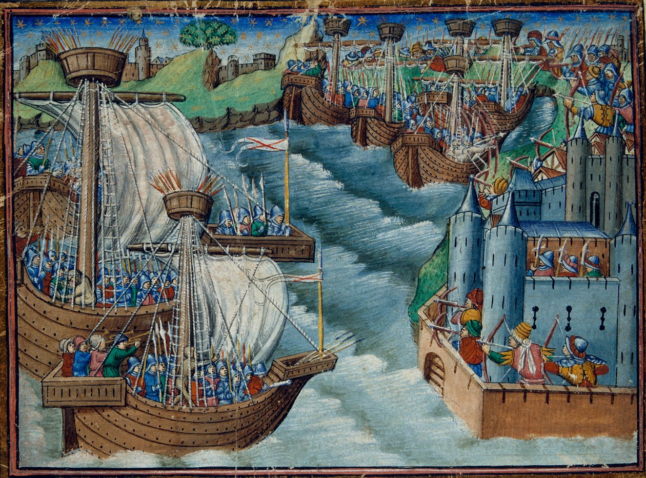 A Harley 326, f.29v keresztény flotta megtámadja a törökök által birtokolt olaszországi Gaeta kikötőt a Három királyok fiaiból, 1500 körül (vellum) alkotó: English School