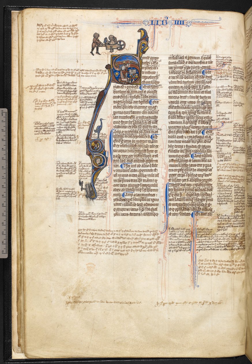 Harley 3487, f.22v Történeti „S” kezdőbetűvel, egy férfival, aki könyvet olvas és az ég felé mutat, a margón pedig egy férfi, aki egy meztelen férfit tol a kocsin, egy madárral, egy férfi baltával és egy sárkány és emberi fej betűformában, a bú elején alkotó: English School