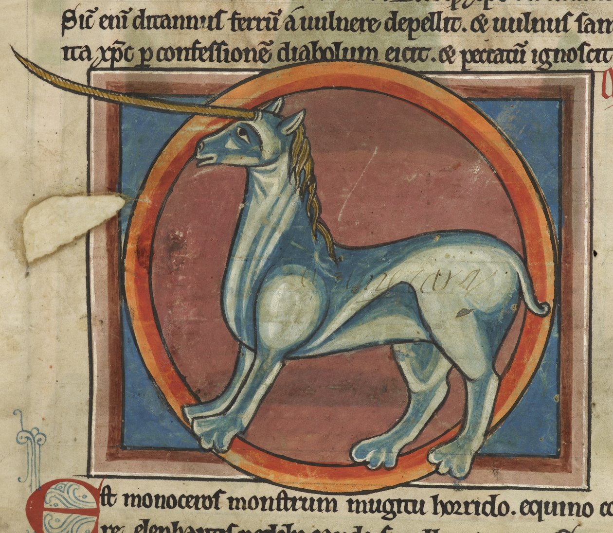 Harley 4751, f.15 Monoceros nagy kürttel, egy "bestiáriumból" alkotó: English School