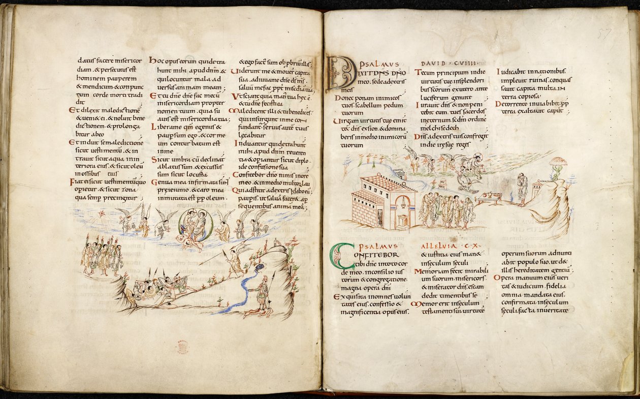 Harley 603 ff.56v-57, Kétoldalas teríték a Harley Psalterből, tollrajzokkal. alkotó: English School